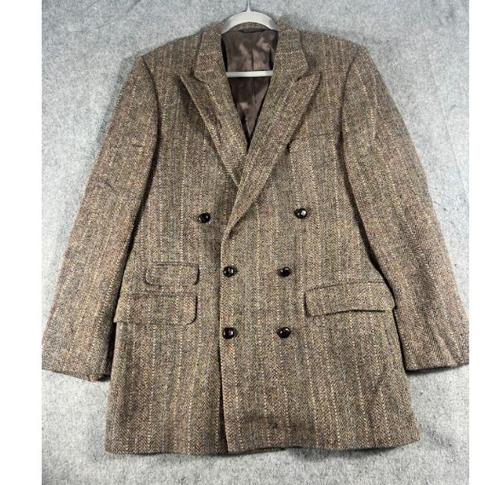 VTG Tweed Herringbone Wool Blazer Jacket Mens XL Plaid Double Breasted Preppy